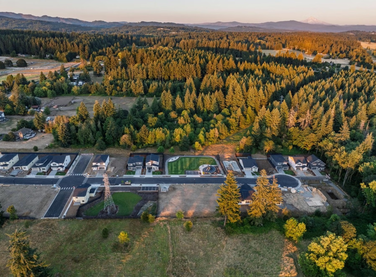 Aerial view of new homes and green space near evergreen forest with distant mountains, Camas area